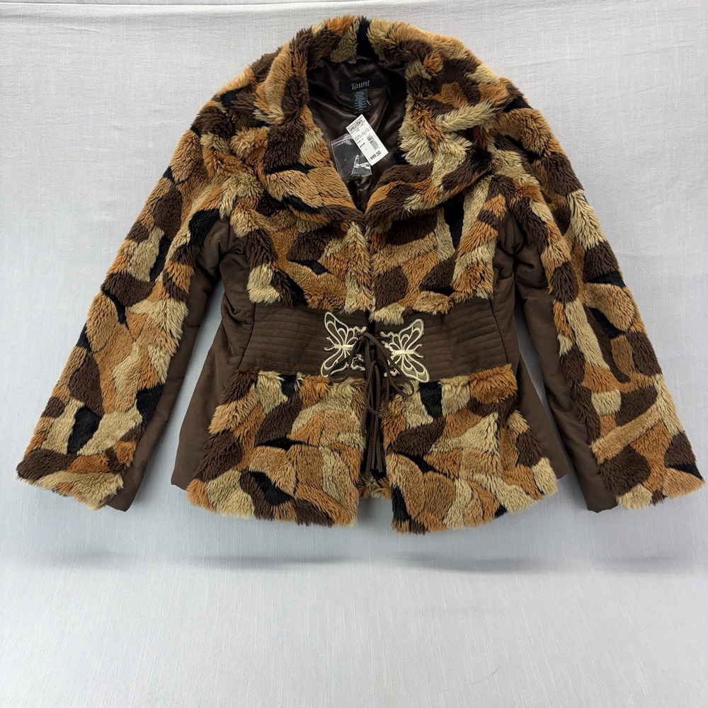 Taunt Women's Faux Fur Jacket Brown Tan Butterfly Lace-Up Waist Coat Size L
